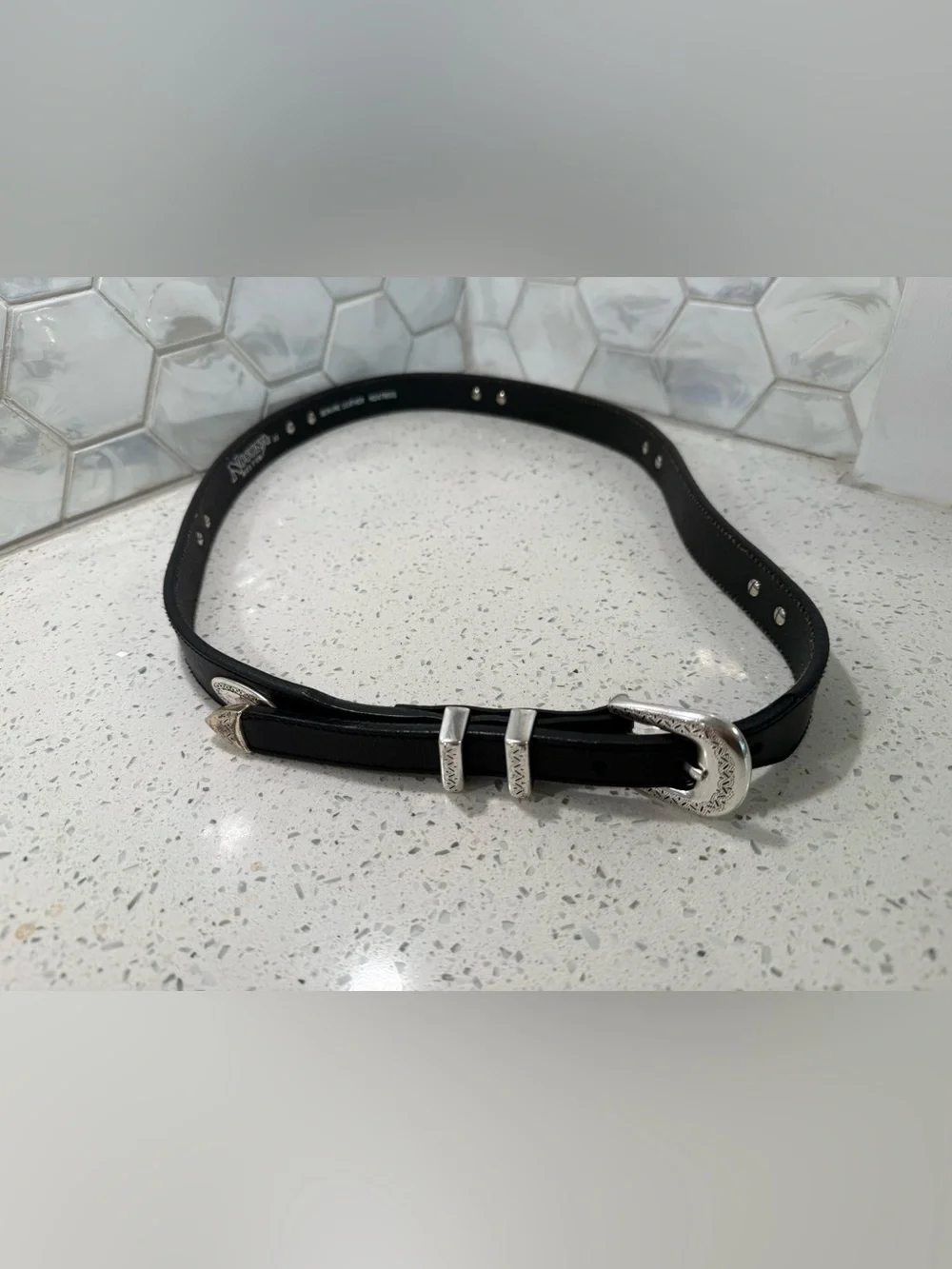 Nocona Black Leather Concha Belt Silver Engraved Buckle Double Keepers Metal Tip